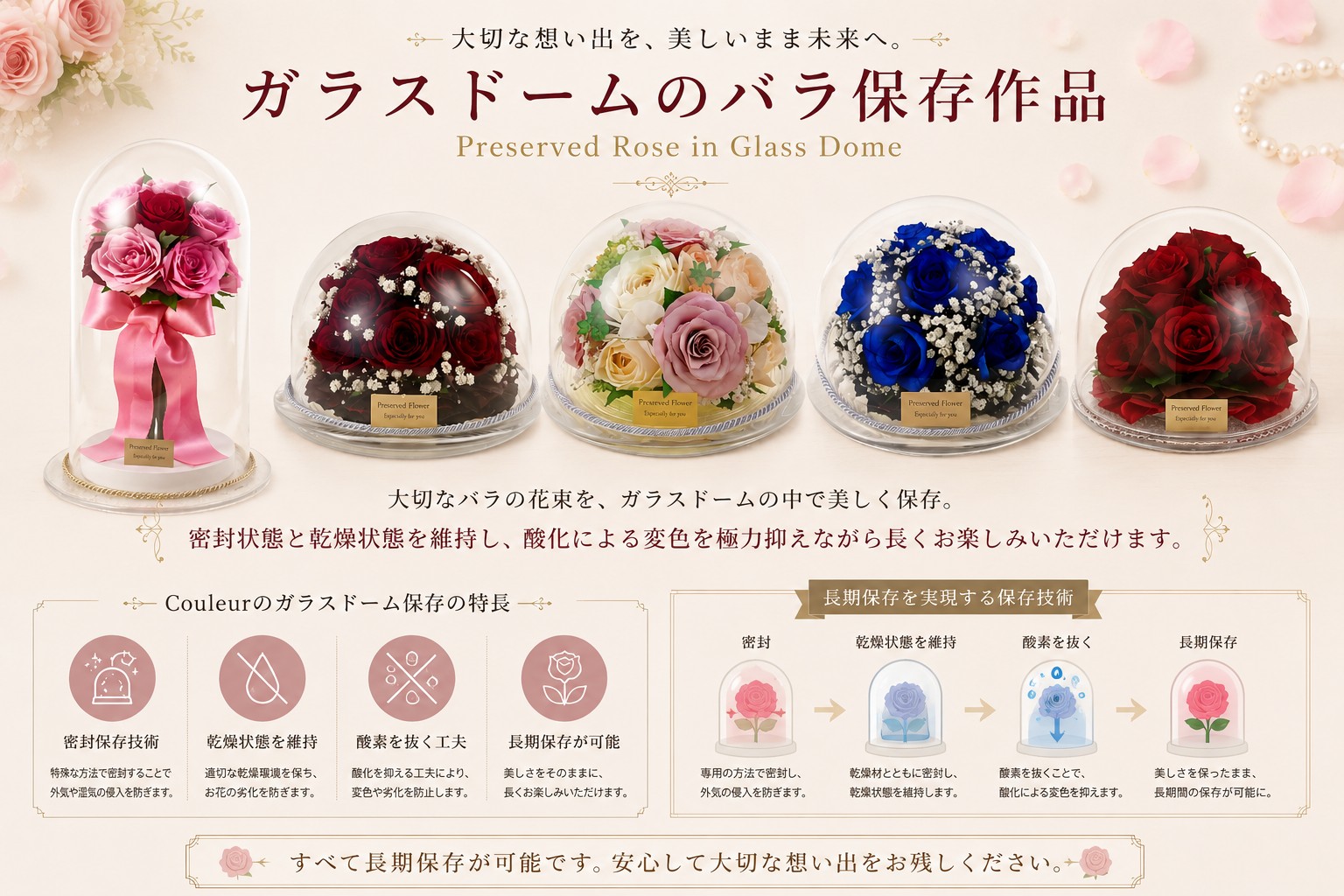 ガラスドームにバラを保存した作品例