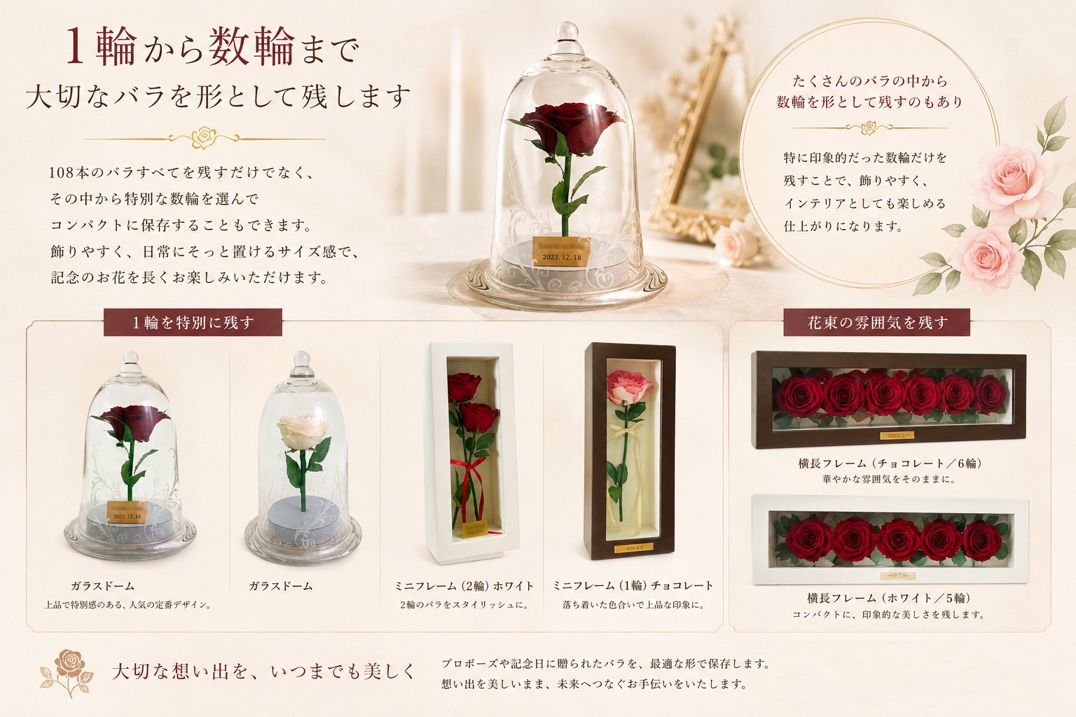 1輪から数輪までのバラ保存。プロポーズの花束や108本のバラの中から特別な数輪を選び、ガラスドームやフレームで形として残す保存加工例