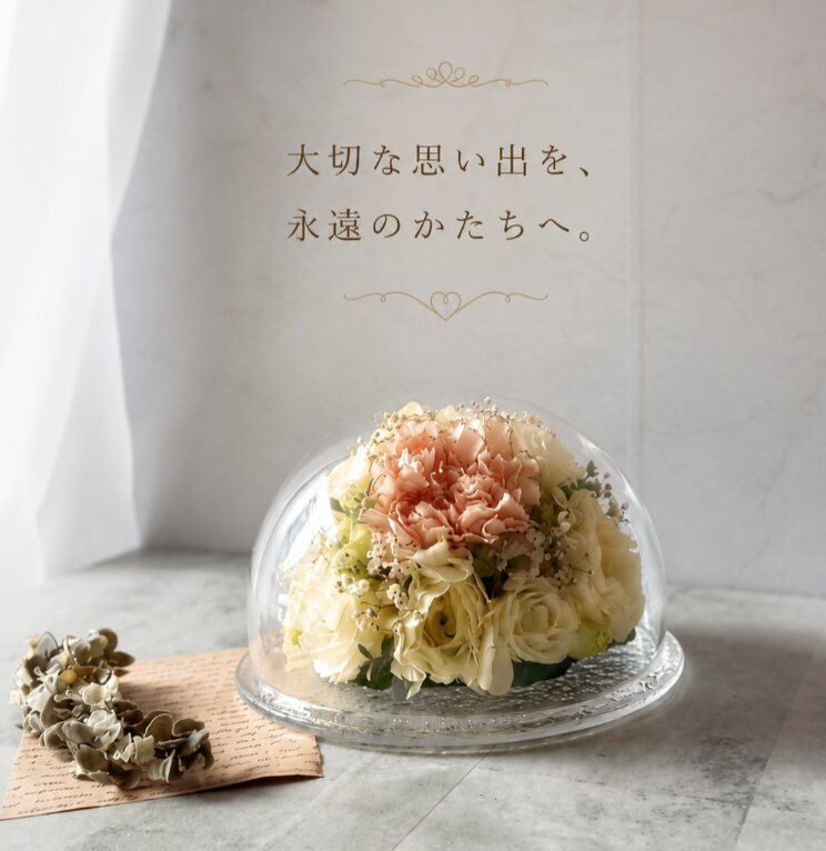 淡いピンクのカーネーションと白いバラの花束をドライ加工しガラスドームに保存したアフターブーケ制作事例